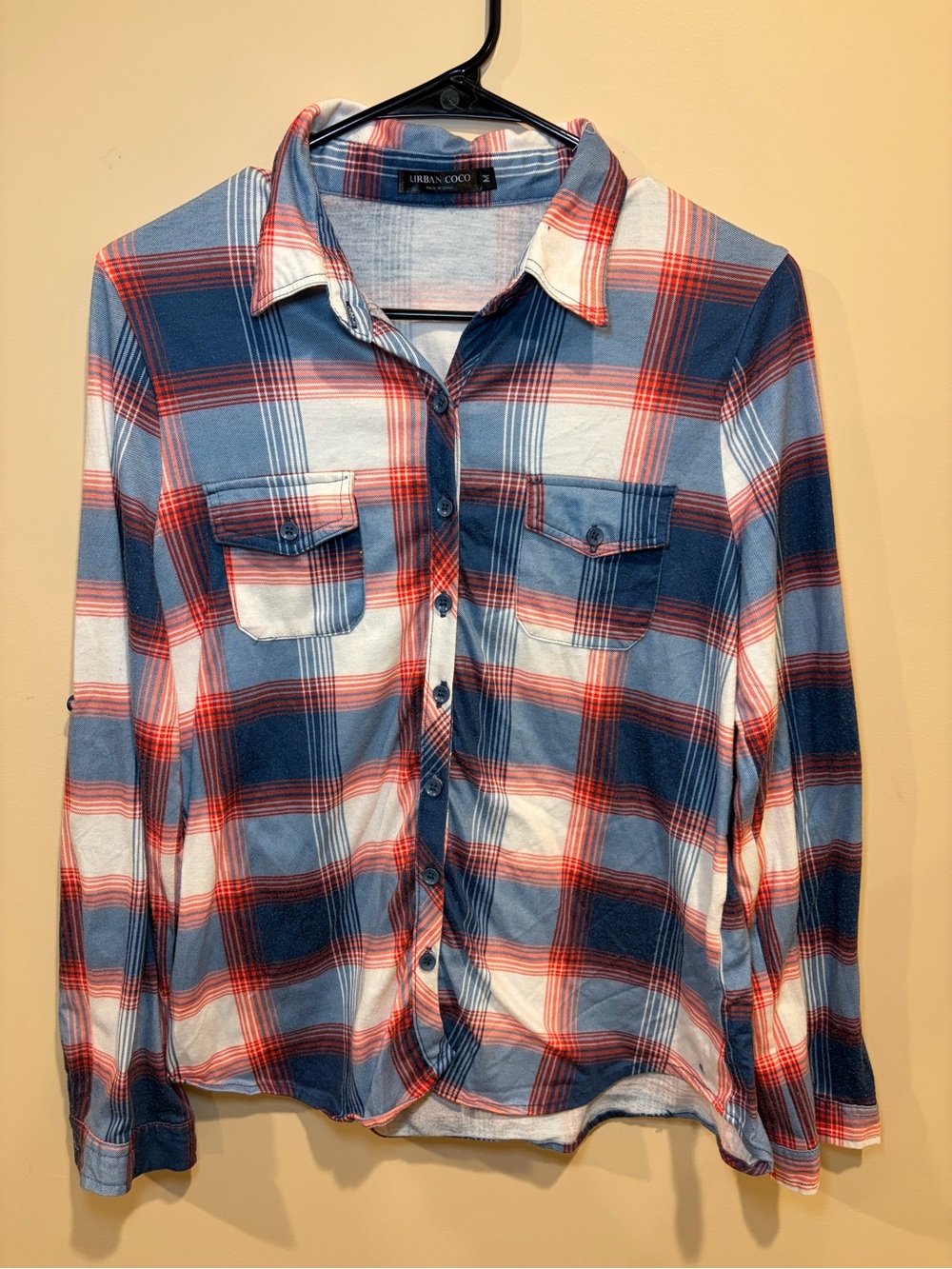 Urban CoCo Blue and Red Plaid Button-Down Shirt, Women’s Medium